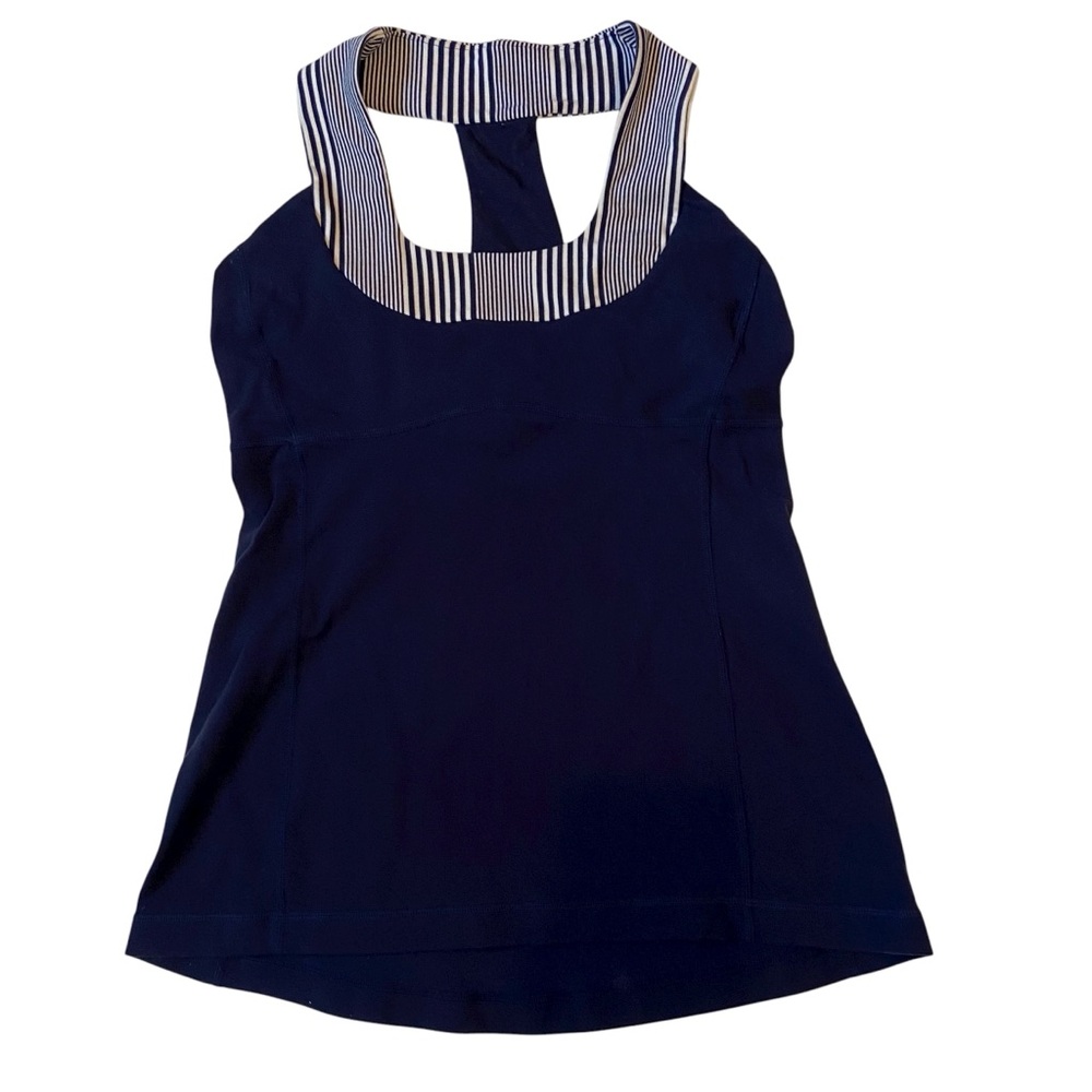 LULULEMON Racerback Tank Top Navy Blue White Stripes Built In Shelf Bra Size 8